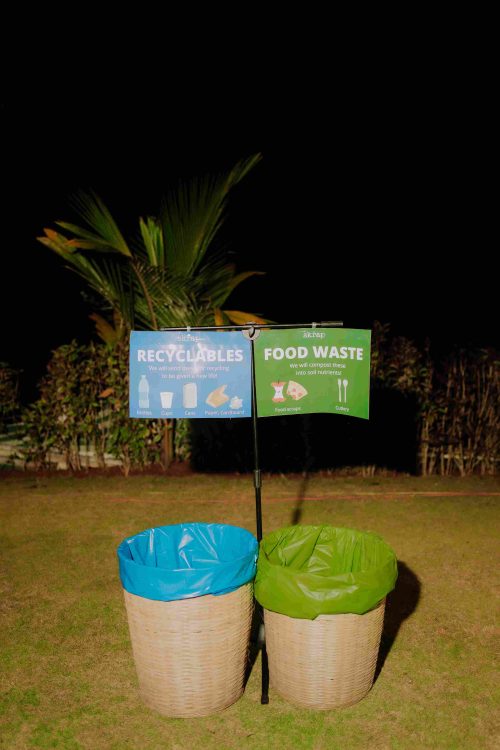 They set up colour-coded bamboo bins for recycling and composting throughout the venue