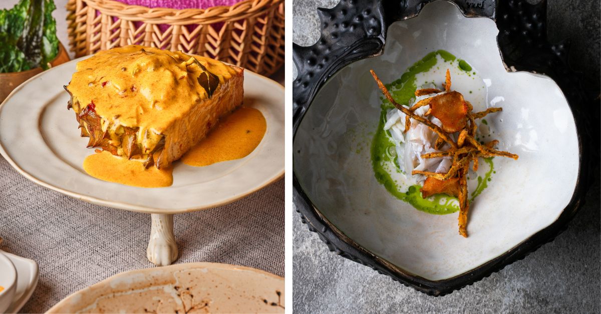  A semi-ripe durian served with kadhi, spicy chutneys, refreshing aachars and tandoori rotis and Blue Swimmer Crab served with coconut milk spiked with grilled banana leaves (R) 