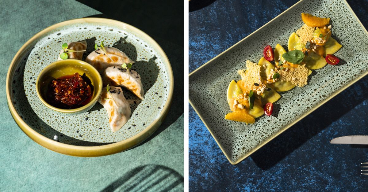 Pan-fried veg gyoza sesame flavoured soy, chives and chilly crisps (L) and asparagus ravioli with orange cream, Parmesan crisps and salted peanuts (R)