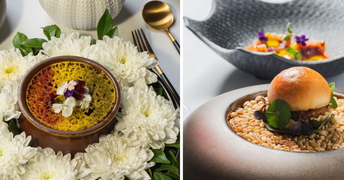 The ghewar chaat (L) and shami kebab crowned with a baked bun (R) are some classics at Trèsind Mumbai