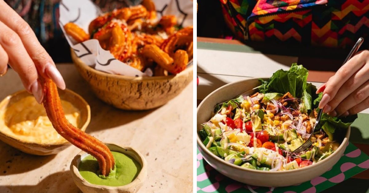 Spicy churros (L) and the Hollywood Cobb Salad which features Cajun chicken, creamy avocado, golden corn, and vibrant cherry tomatoes (R) are some of the menu classics at Lyla, 