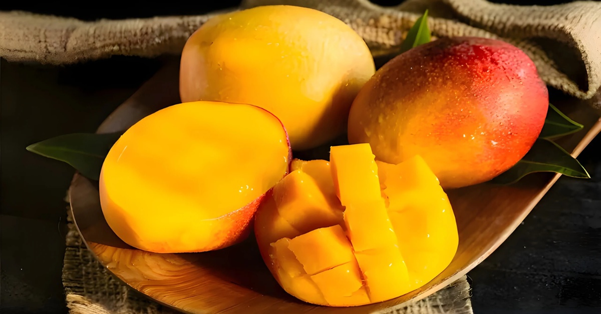 The Gulabkhas mango blushes with a radiant reddish-pink hue near the top as it ripen