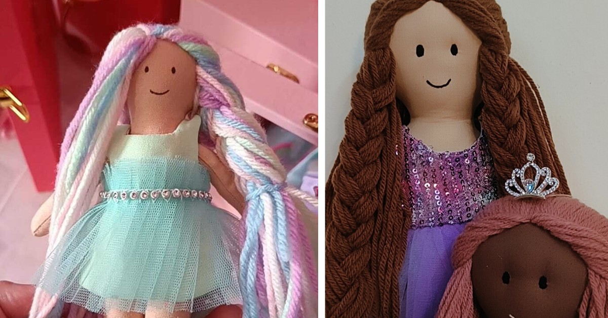 The long hair of the dolls are made from wool, sewn partially by machine on specific sides and finished by hand