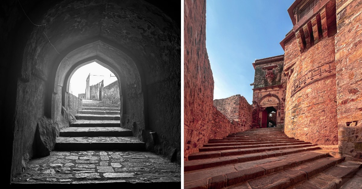 Weathered stone steps and shadowy arches welcome you into the fort's embrace, where every turn carries echoes of the past.