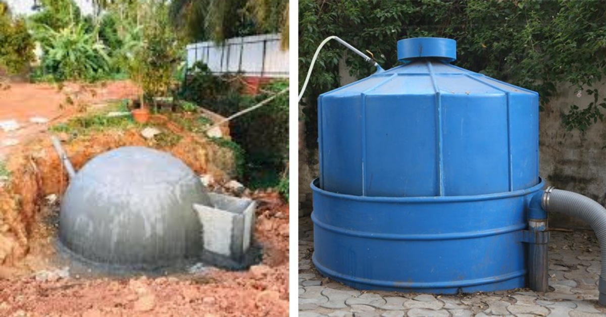 A fixed dome digester (on the left) is an underground chamber with fixed gas space and a folating dome digester has a floating gas holder that moves with gas volume.