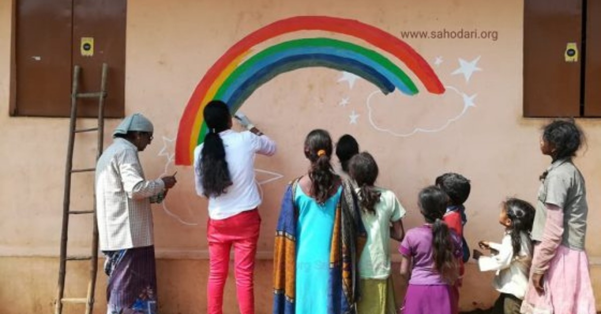 Sahodari Foundation’s transgender artist collective travels to remote villages to paint anganwadi walls with vibrant murals—beautifying spaces with art, not money.