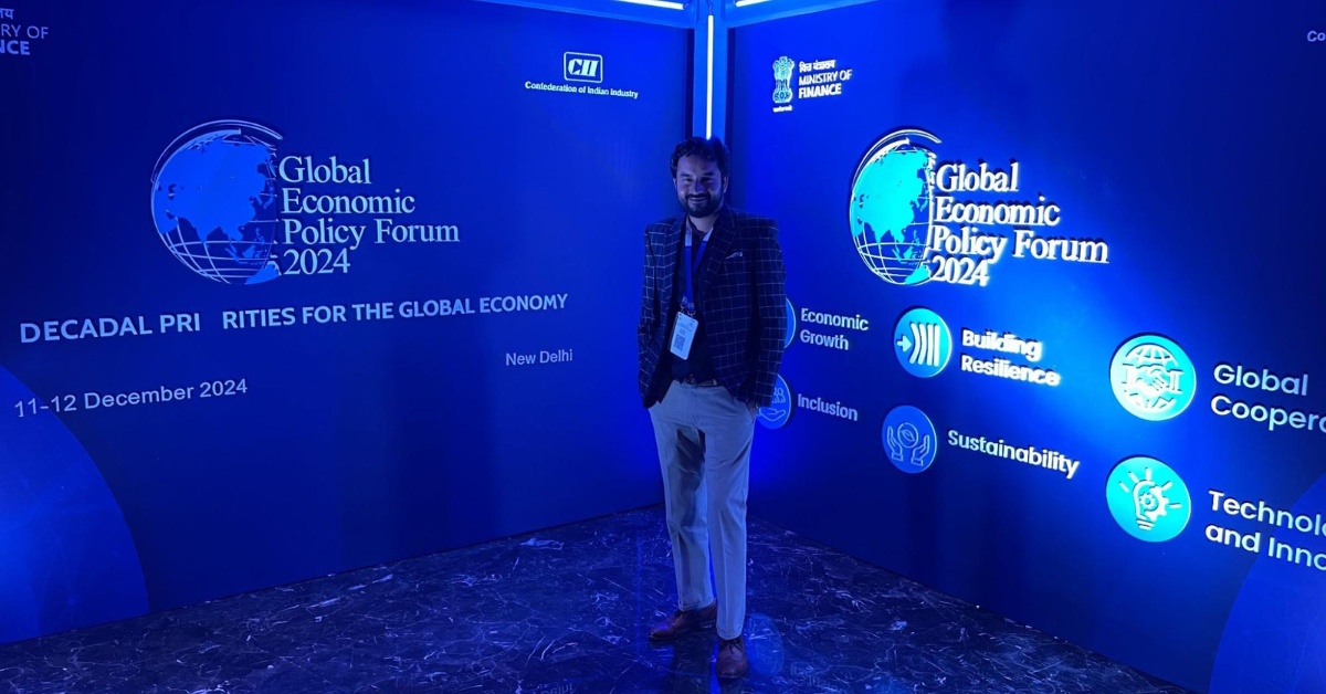 Dr. Ashish Sharma at the Global Economic Policy & Sustainability Summit 2024, New Delhi — Invited delegate in a ministerial dialogue on AI, climate resilience & green growth.