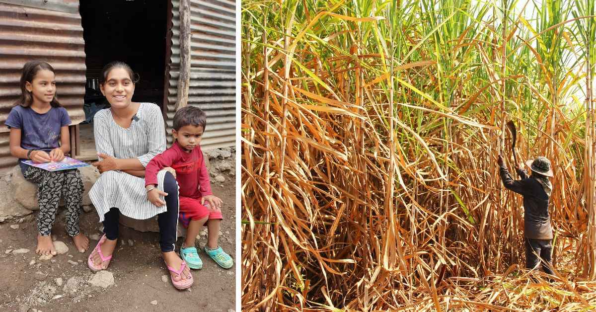 Sakshi and her siblings (L) and the migrant crisis that unfolds with farmers forced to move to sugarcane fields (R)