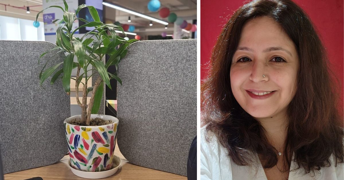 Radhika Bhirani (R) and the pot that she painted for the World Earth Day competition 