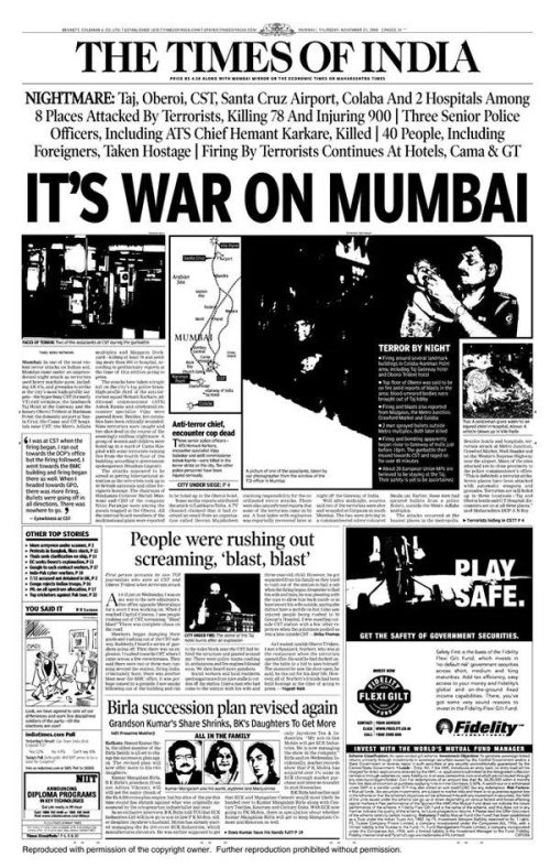 A Times of India coverage of the 26/11 terrorist attacks that struck Mumbai