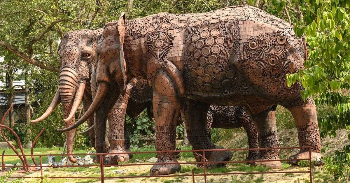 These life-sized elephants are completely made from scrap materials.