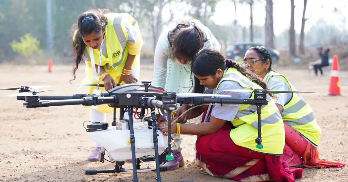 The government subsidises up to Rs 10 lakh for drone equipment under the scheme, enabling women-led FPOs and SHGs to access the tech. Picture source: Yourstory