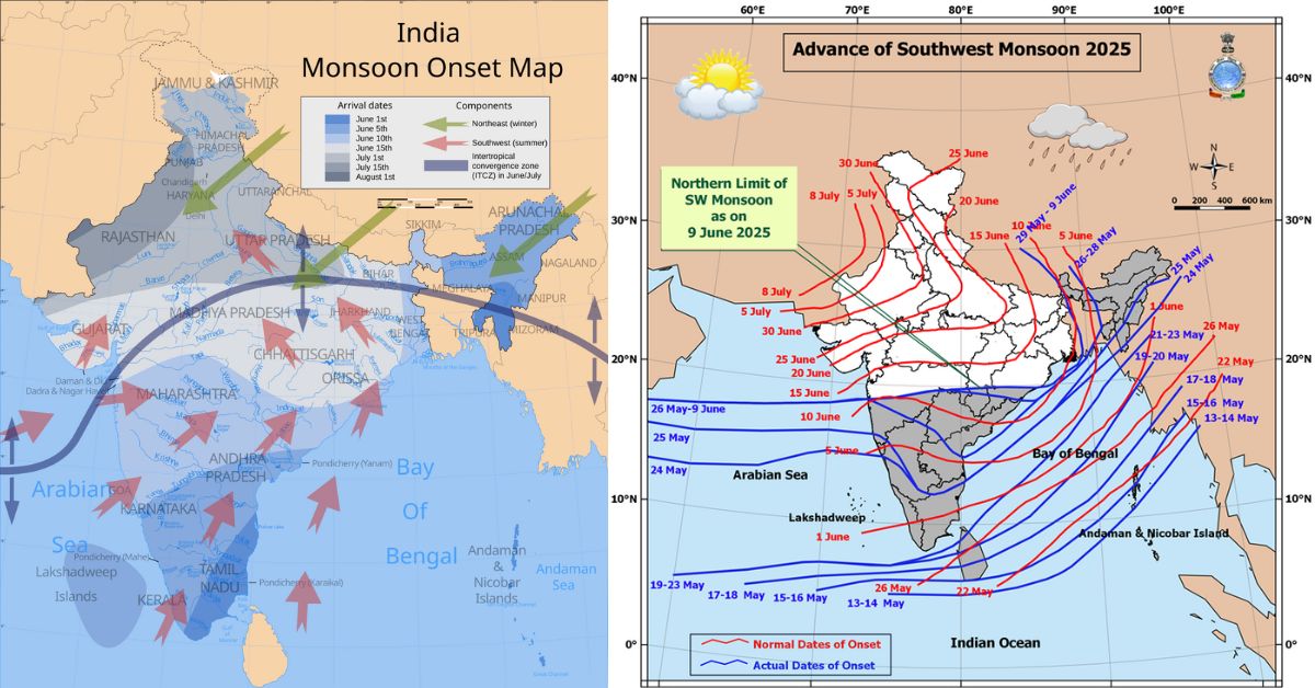 The maps show both actual dates and early onset of Southwest monsoon this year. Image source: IMD, Wikipedia
