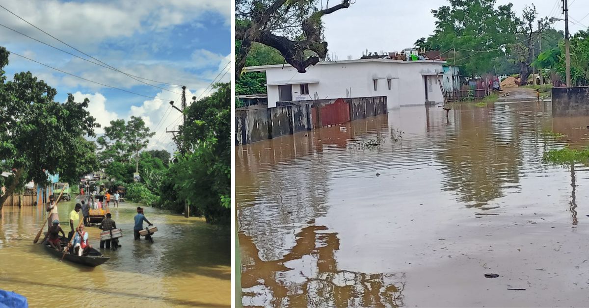 During the July 2022 floods that struck Assam (L), and during the floods that decimated Andhra Pradesh (R), Joshuva reached out to communities in need 