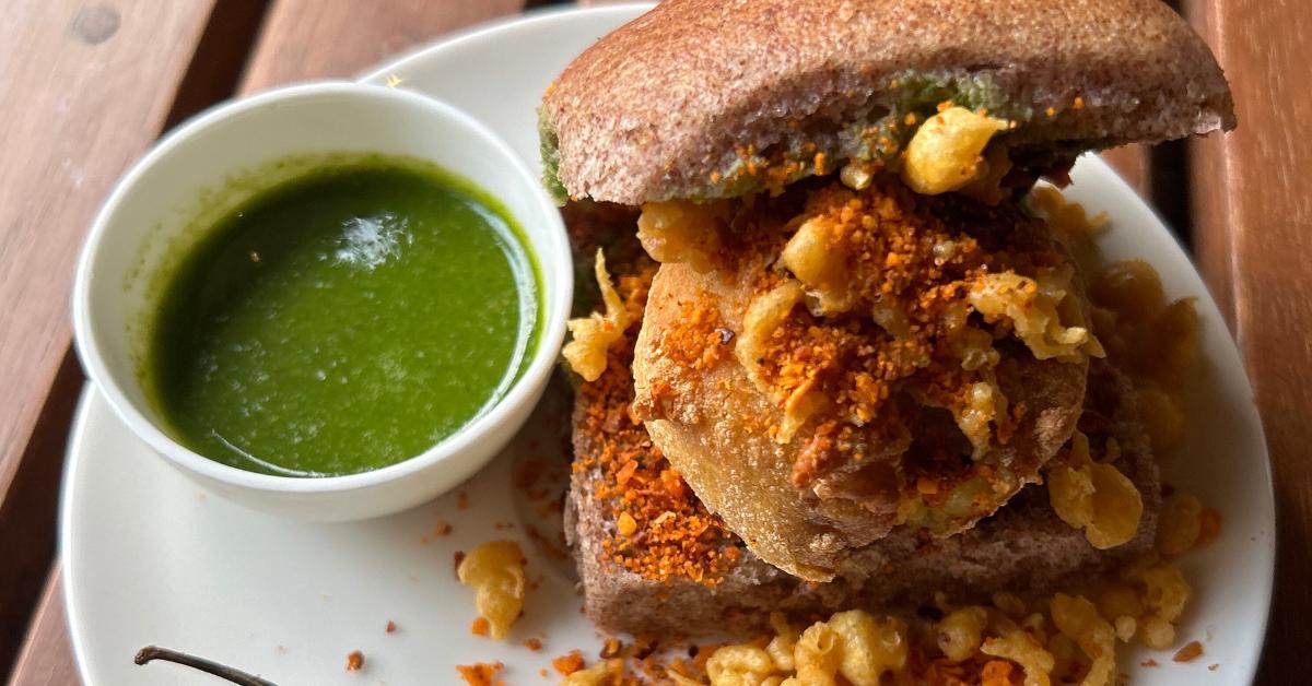 The classic vada pav is made from freshly baked ragi buns in the cafe, and it is very popular among customers