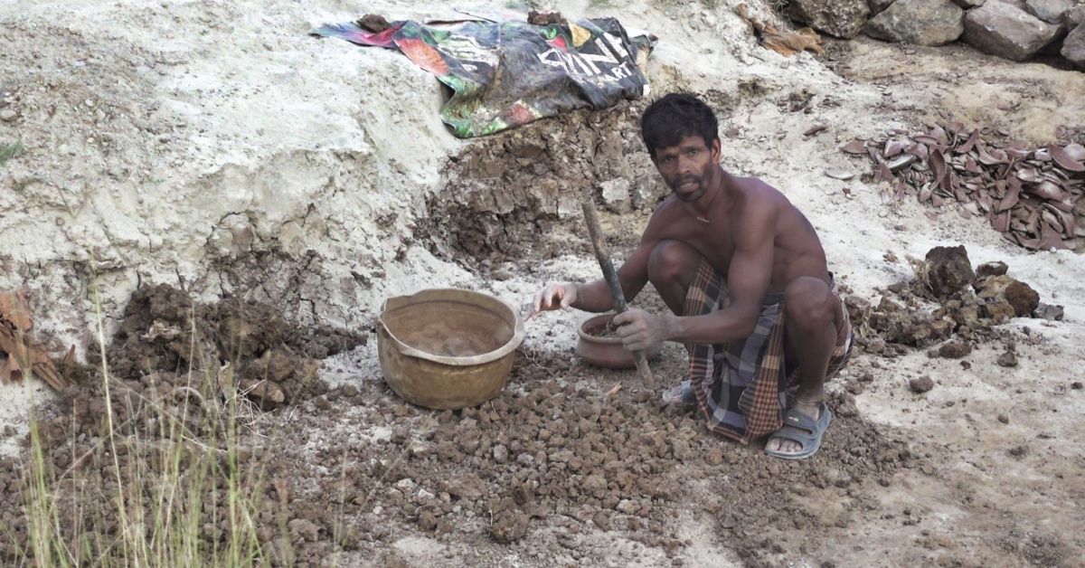 The clay is sun-dried, cleaned of stones and roots, and then stored in mounds