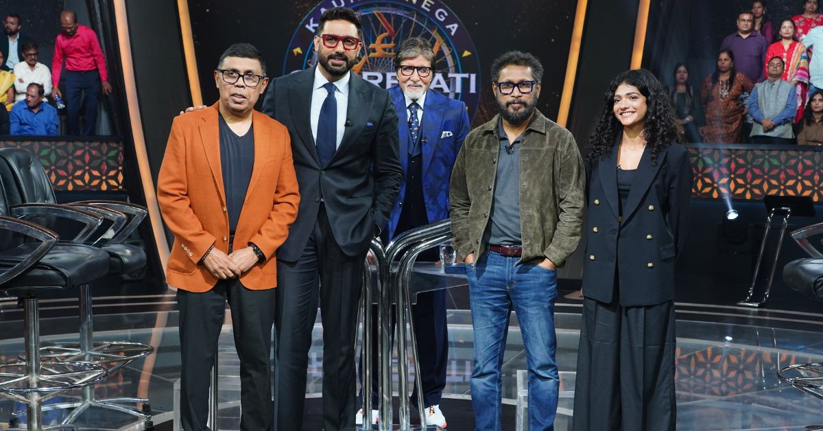 Arjun (extreme left) and Shoojit Sircar (second from right) were on the sets of Kaun Banega Crorepati (2024) to promote the film I Want to Talk — a film inspired by Arjun’s life