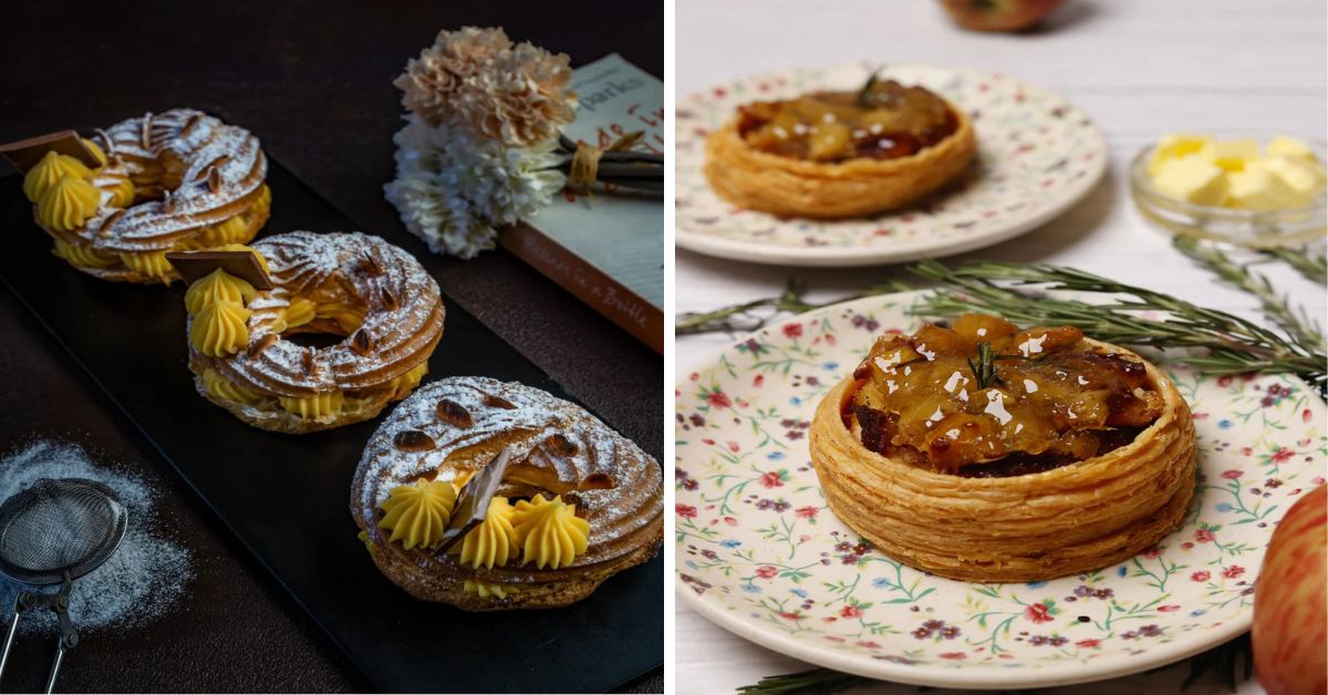 French Paris Brest (L) and Rosemary Thin Apple Tart (R) reflect the menu's eclectic options 