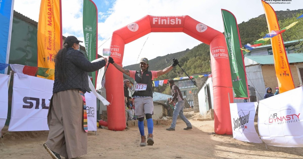Just days after summiting Everest, Aritra ran the 42-km Tenzing-Hillary Everest Marathon at 17,500 ft.