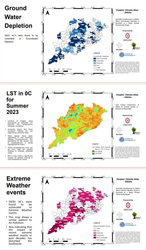 Three colourful maps of Odisha showing groundwater, temperature, and extreme weather trends.