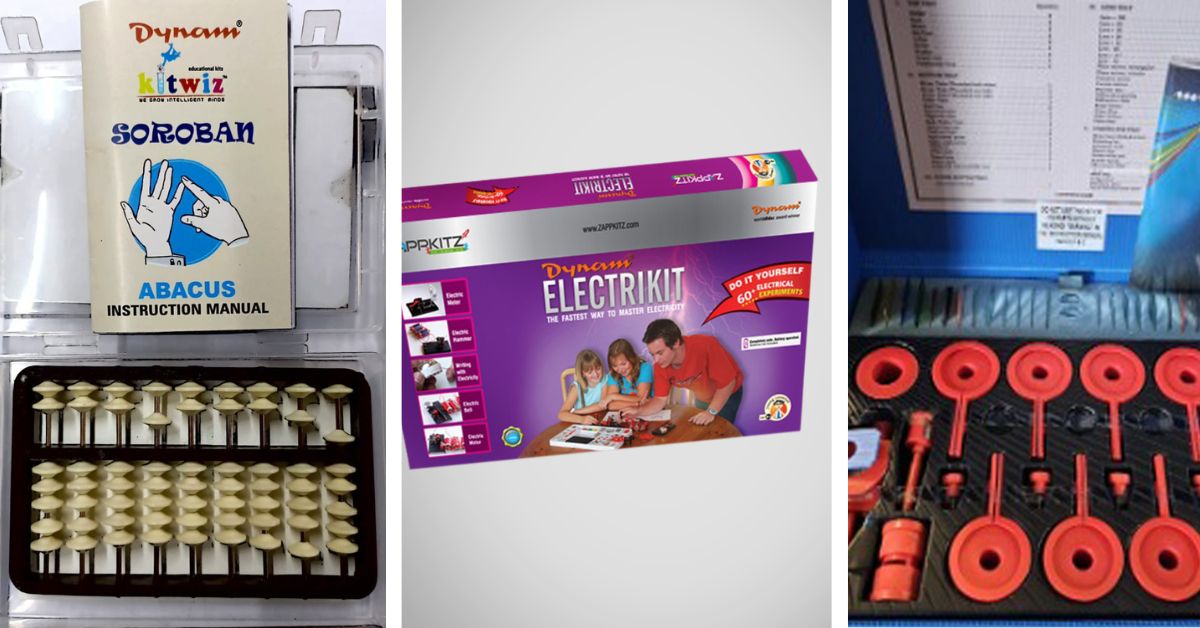 The Abacus Kit (first from left), the Electric Kit (centre) and the Lite Lab Kit (first from right) are some of Hari's many inventions 