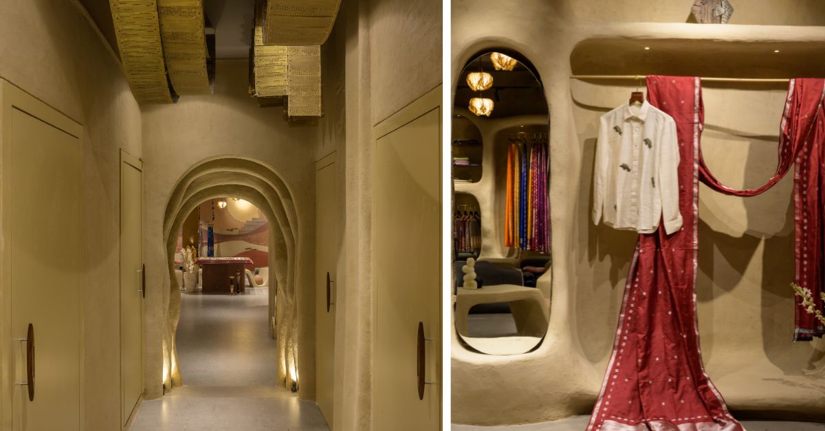 Kalga Banaras is a retail store for silk sarees that has been built using the sustainable material cob