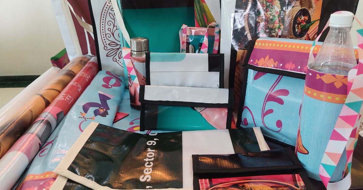 The duo does not consider discarded flex banners as trash; they make something useful out of them