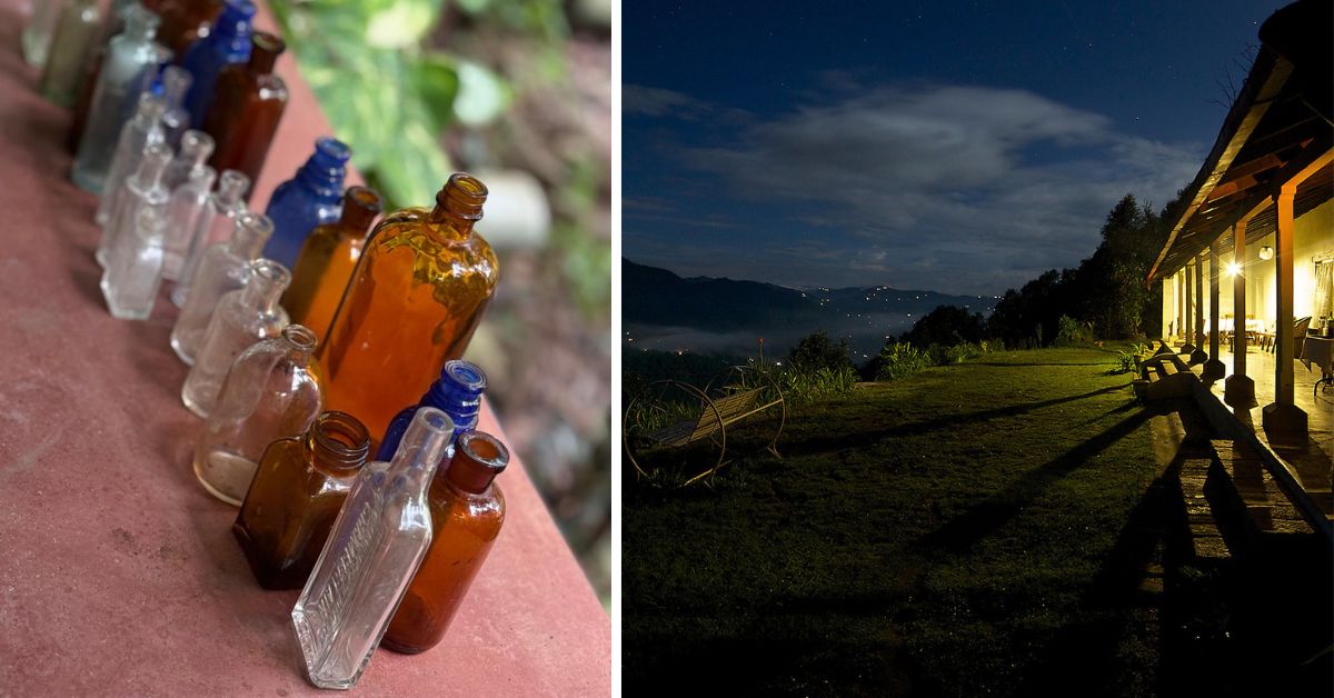 The tincture bottles that the family discovered (L) and Jilling Terraces, an eco stay in the heart of Uttarakhand’s forests (R)