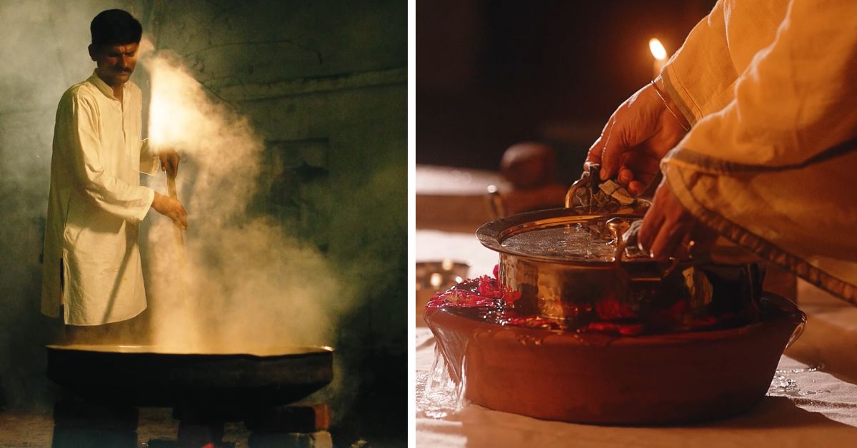 A bawarchi (chef) cooking on a 'chulha' (woodfire-stove) and sheer khurma being cooled in 'mitti ka koondha'