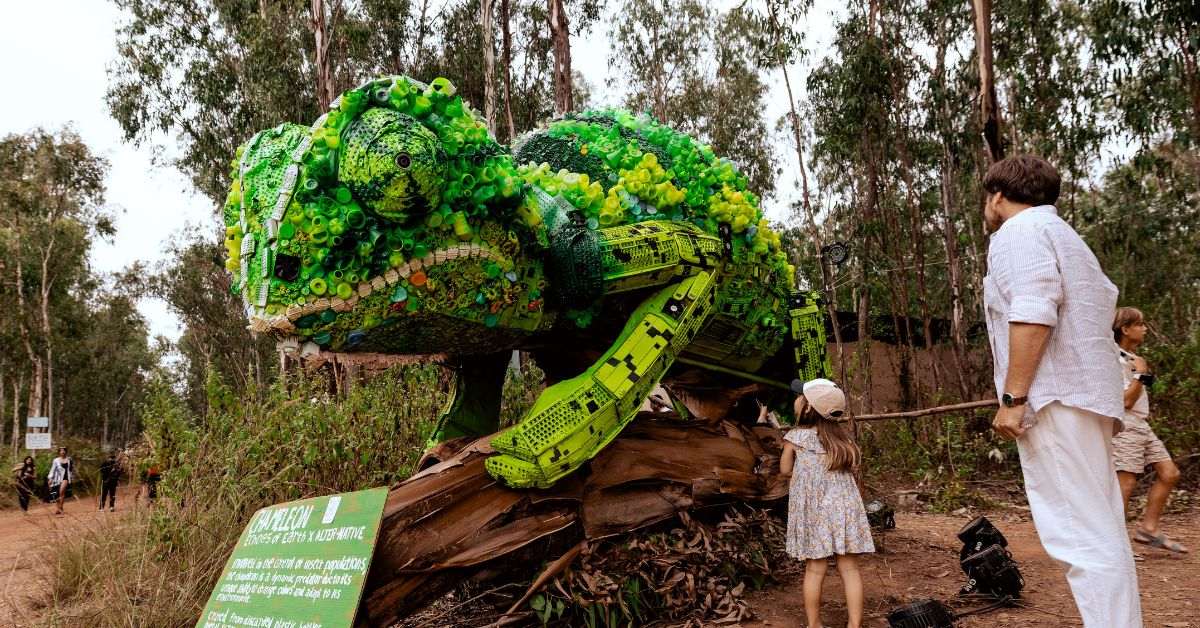 Plastic bottles, discarded materials - all were used to make the incredible chameleon installation.