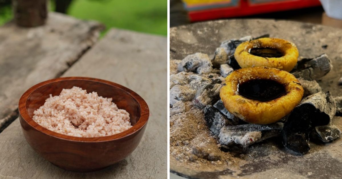The local brown rice (L) and the phursing gombu (a corn tart with the oleoresins of the Chinese lacquer tree Toxicodendron vernicifluum that’s gently roasted in yak ghee over hot charcoal bits) (R) 
