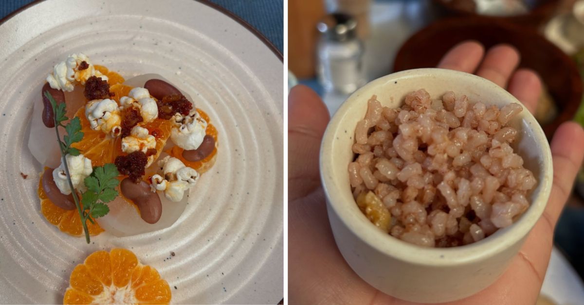 Orange salad (L) and dessi (rice fried in yak ghee with crushed walnuts and jaggery),
