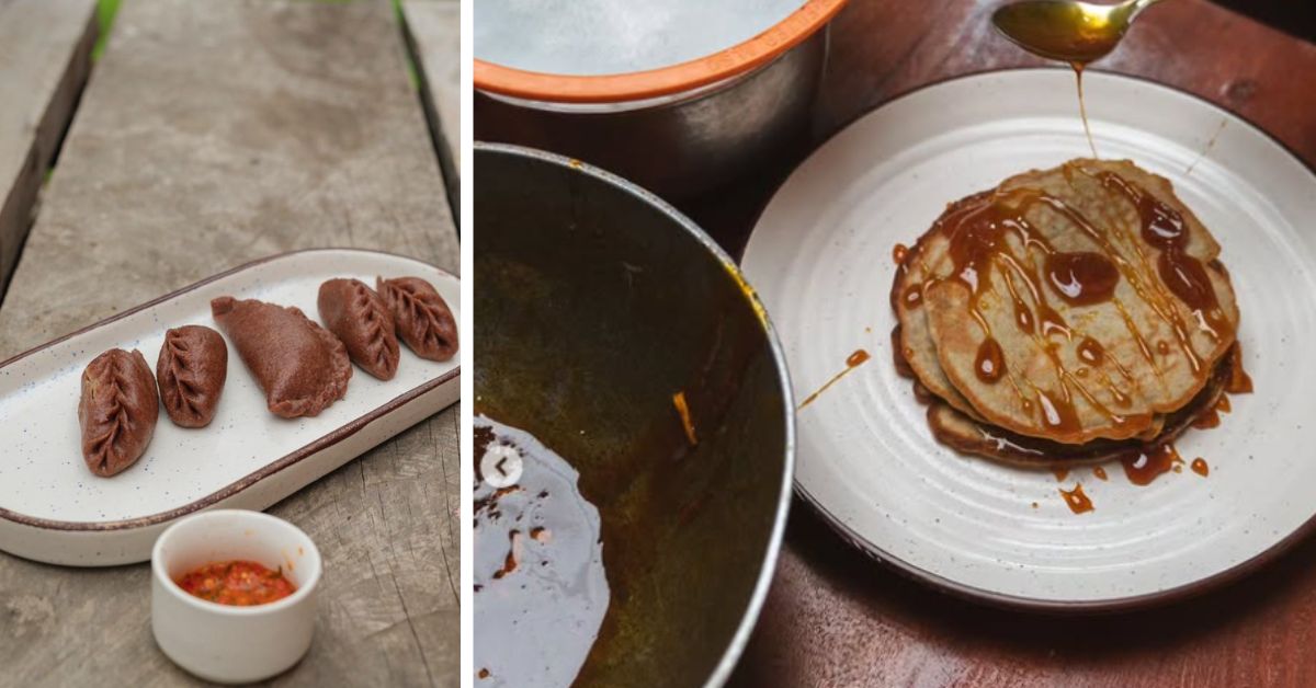 Millet momos (L) are a speciality of Rinchin Jomba, while the buckwheat pancakes (R) and a crowd puller