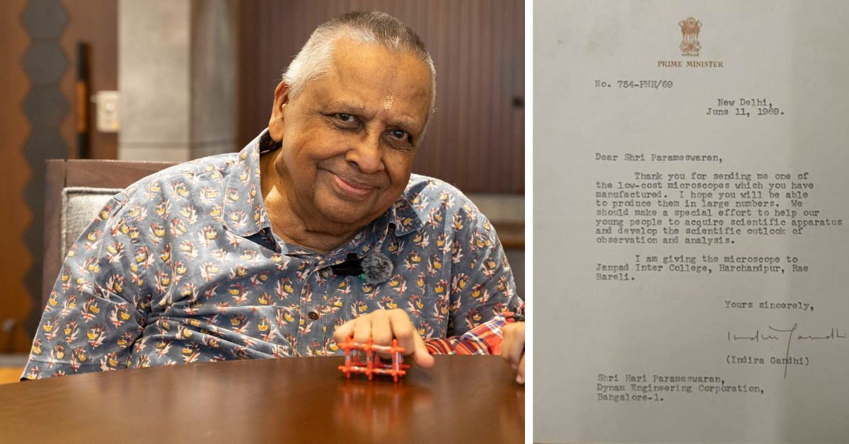 Hari Parameswaran (L) and the letter of recognition penned by former prime minister Indira Gandhi (R)